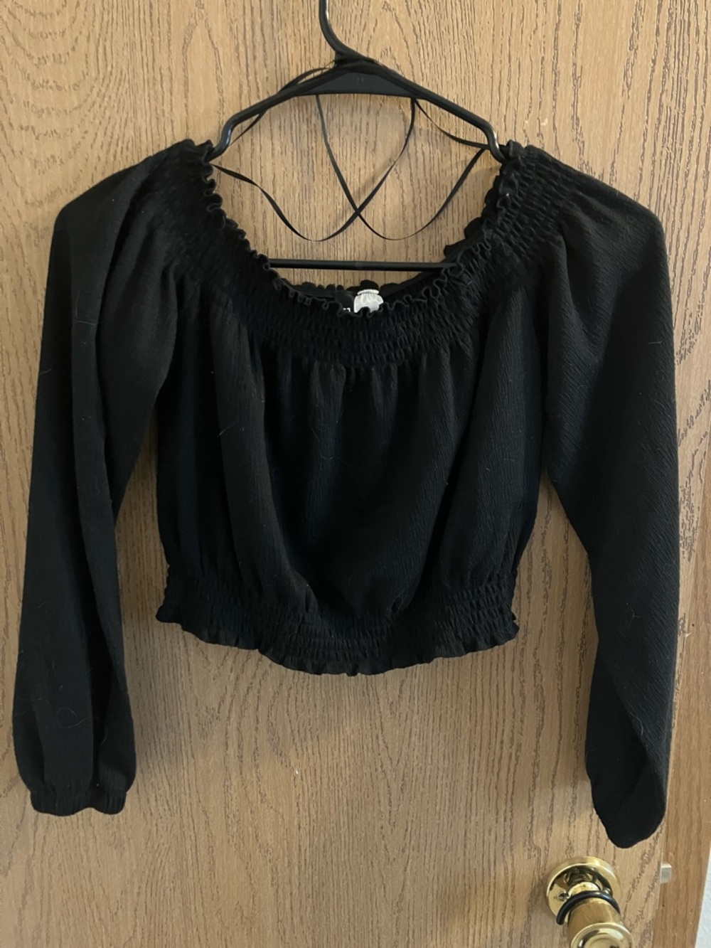 Divided Black Smocked Off-Shoulder Long Sleeve Blouse